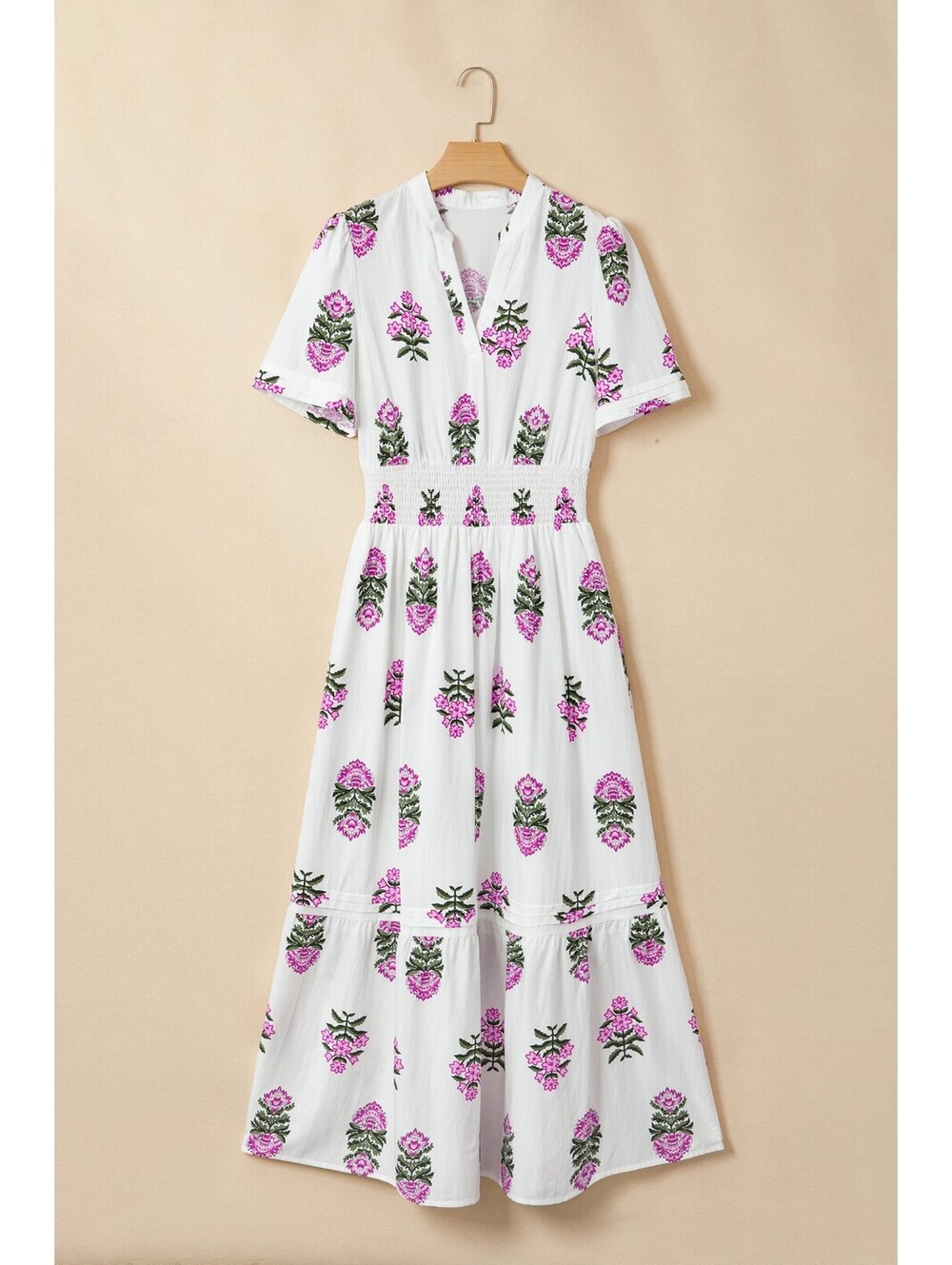 White Floral Print Maxi Dress with Short Sleeves and V-Neck